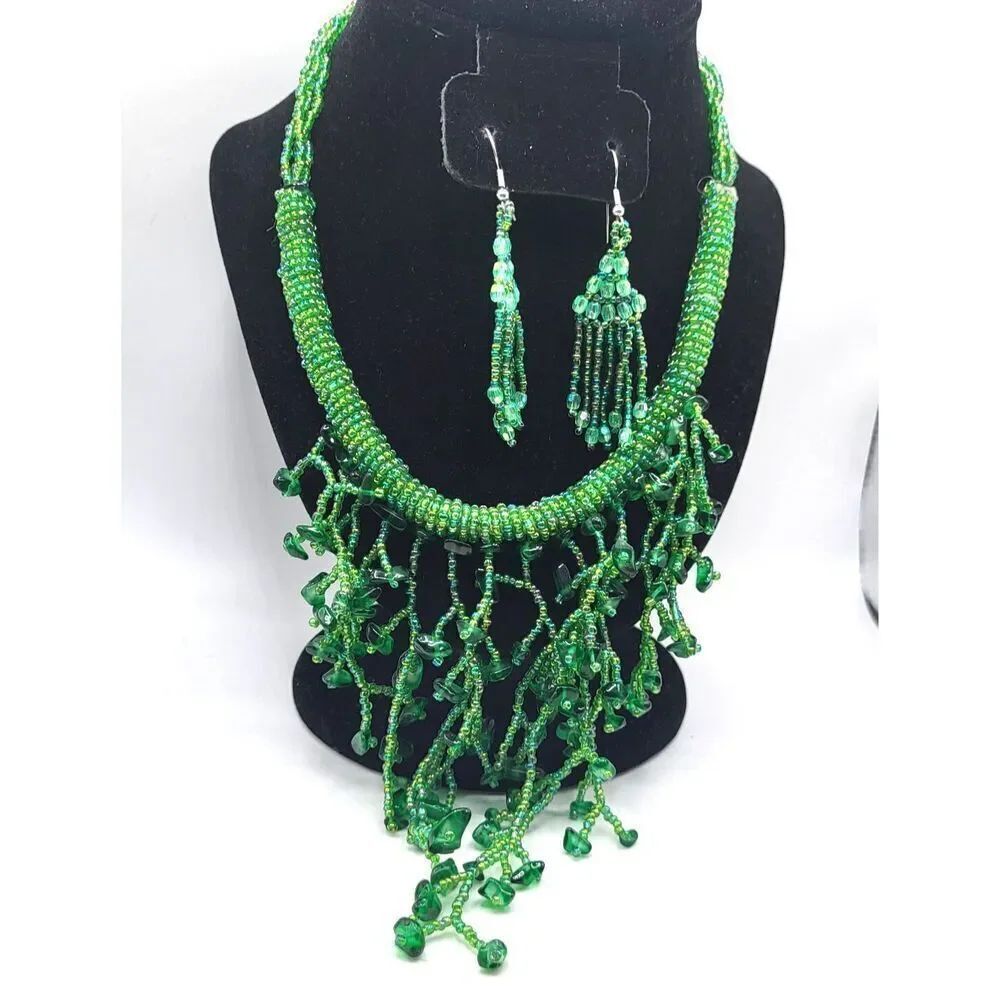 Gorgeous Artisan Demi-Parure Necklace Earring Set Fairy Fae Green Growing Beaded